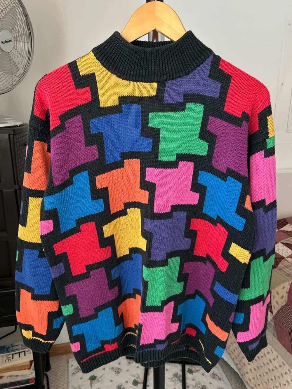 Vintage Multicolor Geometric Mock Neck Knit Pullover Sweater Medium
